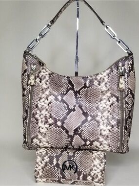 2PC! Luxe Python Embossed Matilda Large Leather Shoulder Bag + Fulton Wallet